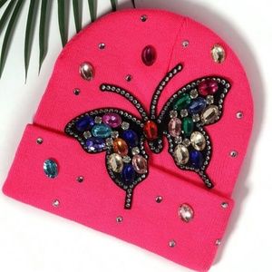 Women’s / Girls Hot Pink Bling Butterfly Skull Cap